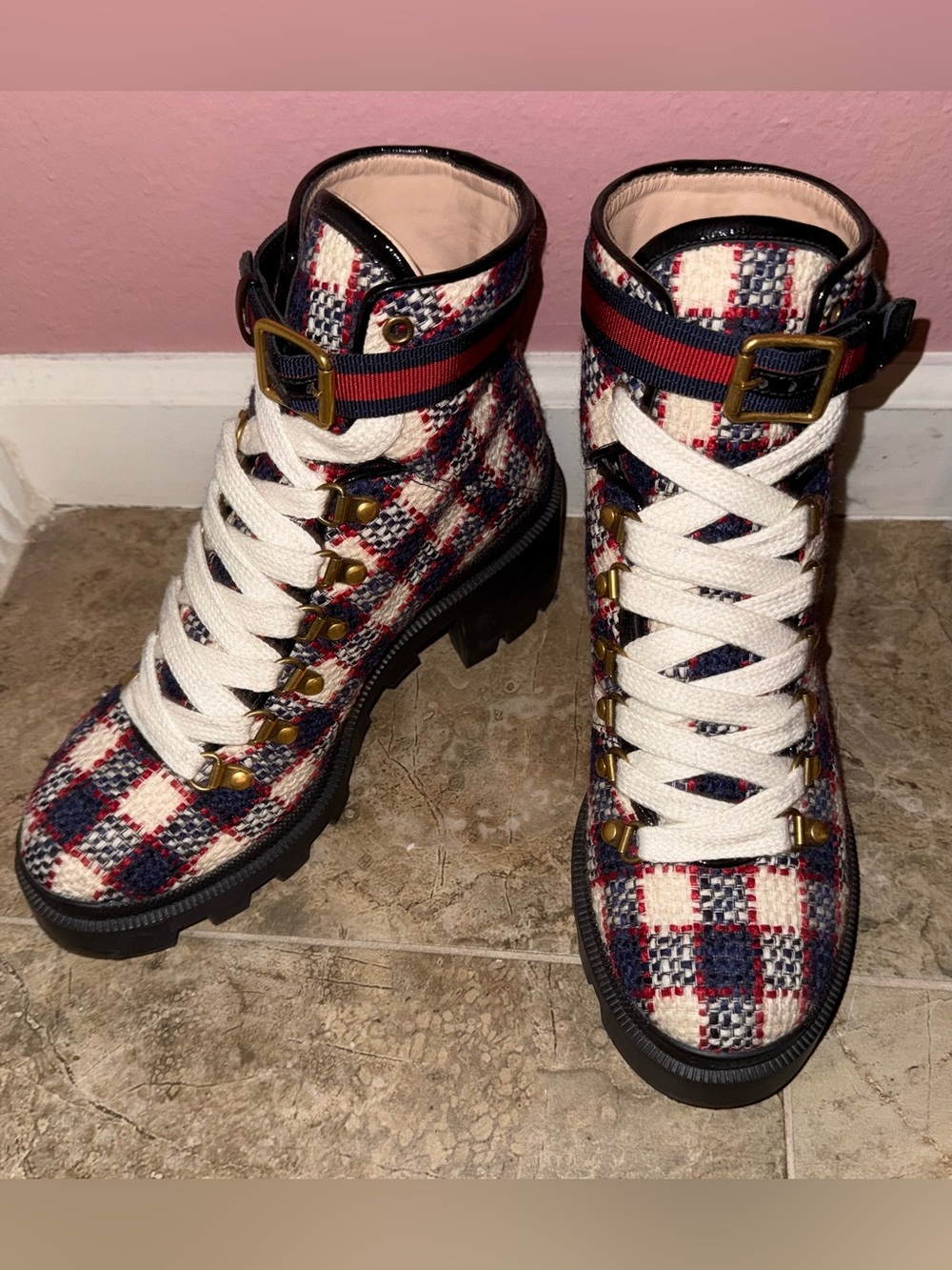 Gucci Sylvie Web Accent Tweed Combat Boots - Picture 4 of 9